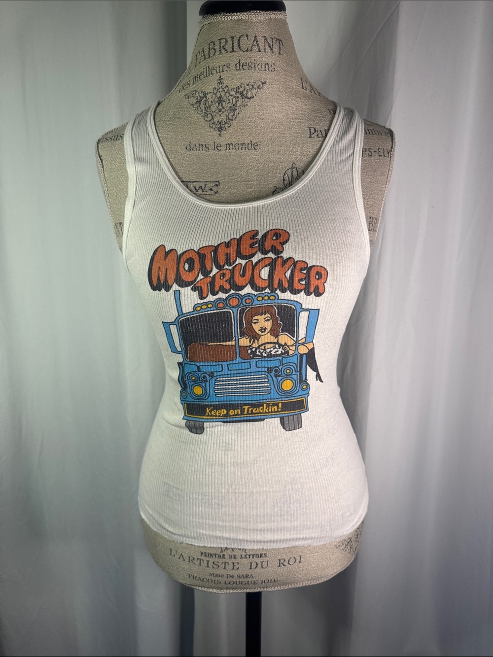 Vintage White 'Mother Trucker' Graphic Ribbed Tank Top